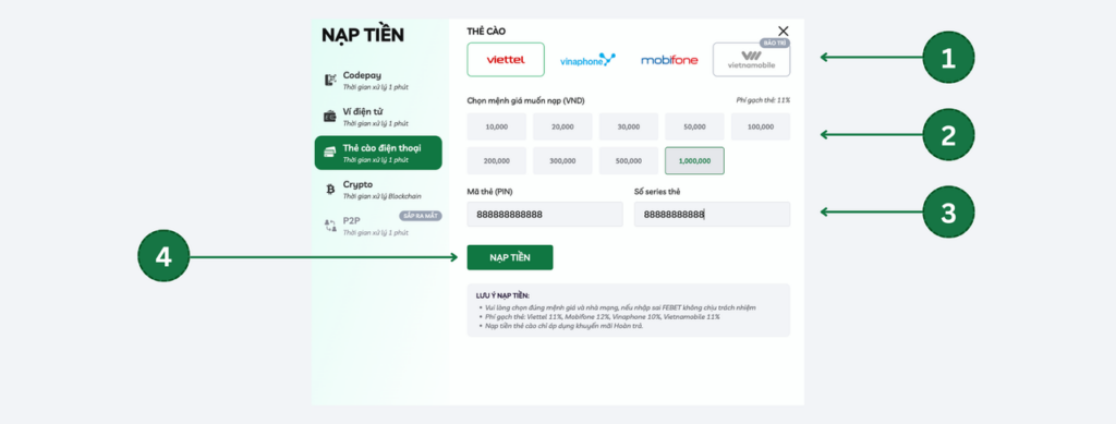 Febet hướng dẫn nạp tiền qua thẻ cào điện thoại