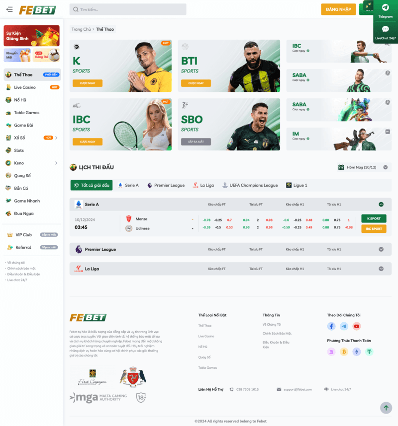 Sảnh cá độ thể thao phong phú tại FEBET